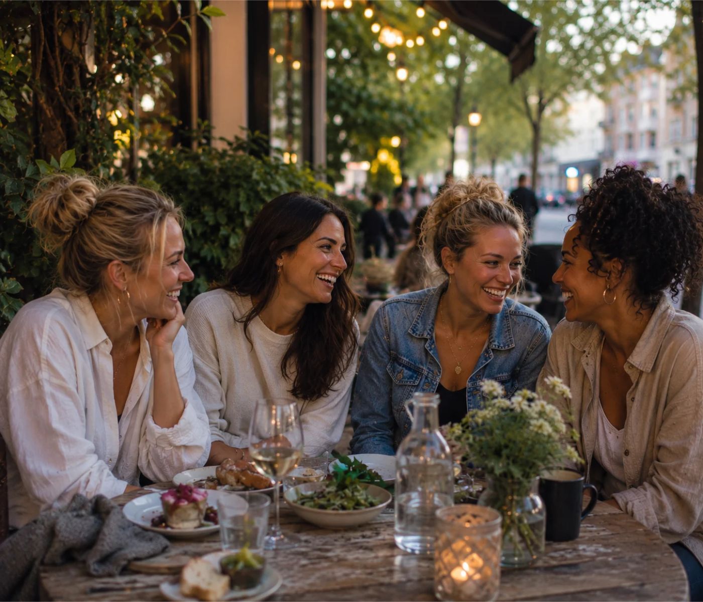 Friendship after 40 in Coventry: quiet evenings filled with company, four women chatting at a candlelit outdoor table