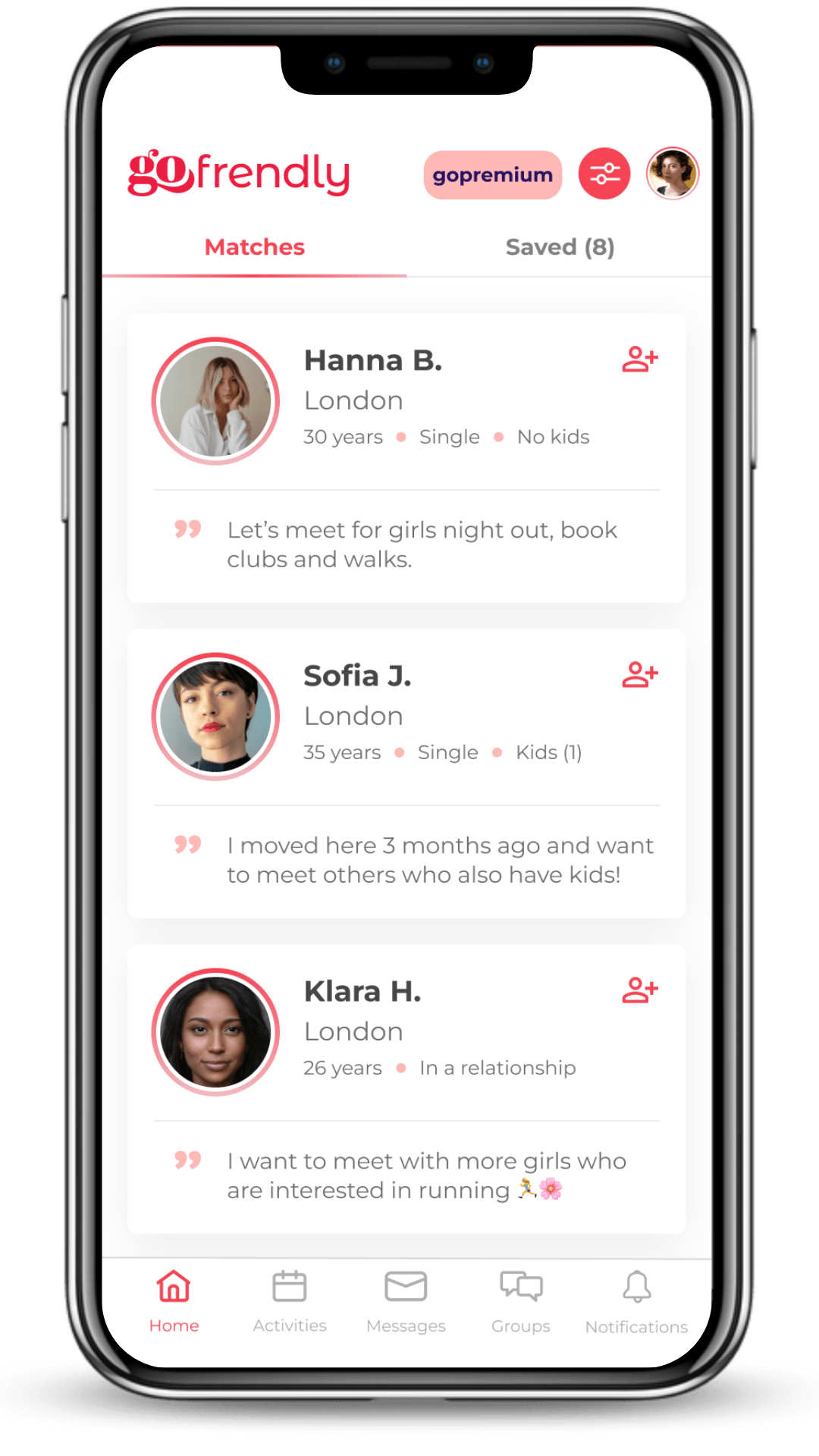 Gofrendly match feature – Social app for women to make friends by connecting with like-minded women nearby.