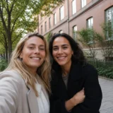 Two women smiling and taking a selfie together on a tree-lined street