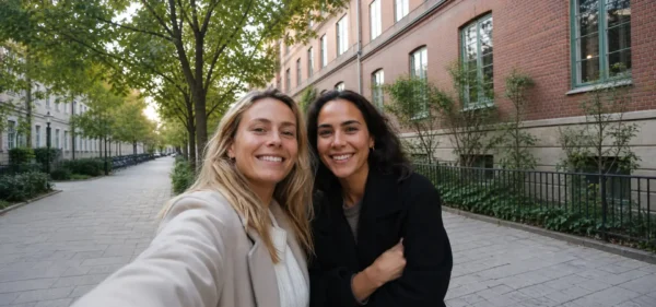 Two women smiling and taking a selfie together on a tree-lined street