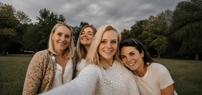 Four women smiling and taking a selfie together on the grass in a park