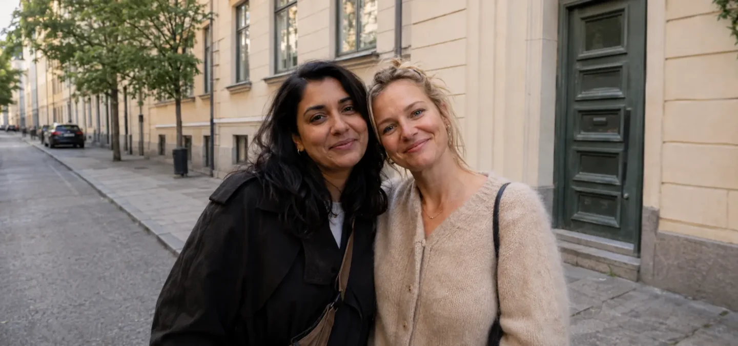 Two friends smiling with their heads close together on a quiet, tree-lined city street