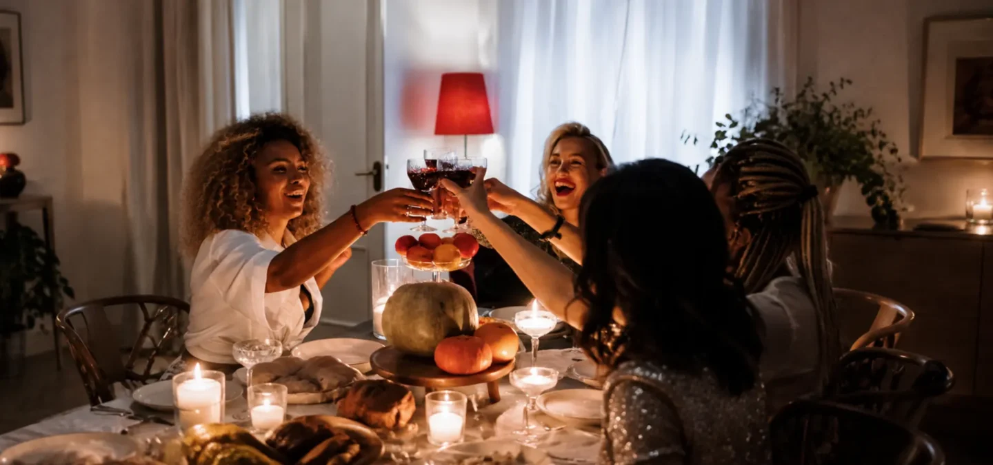 Friendship apps UK: four women raising a toast over a candlelit dinner with new friends