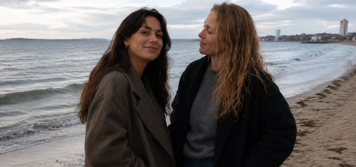 Two women standing together on a beach beside the sea.
