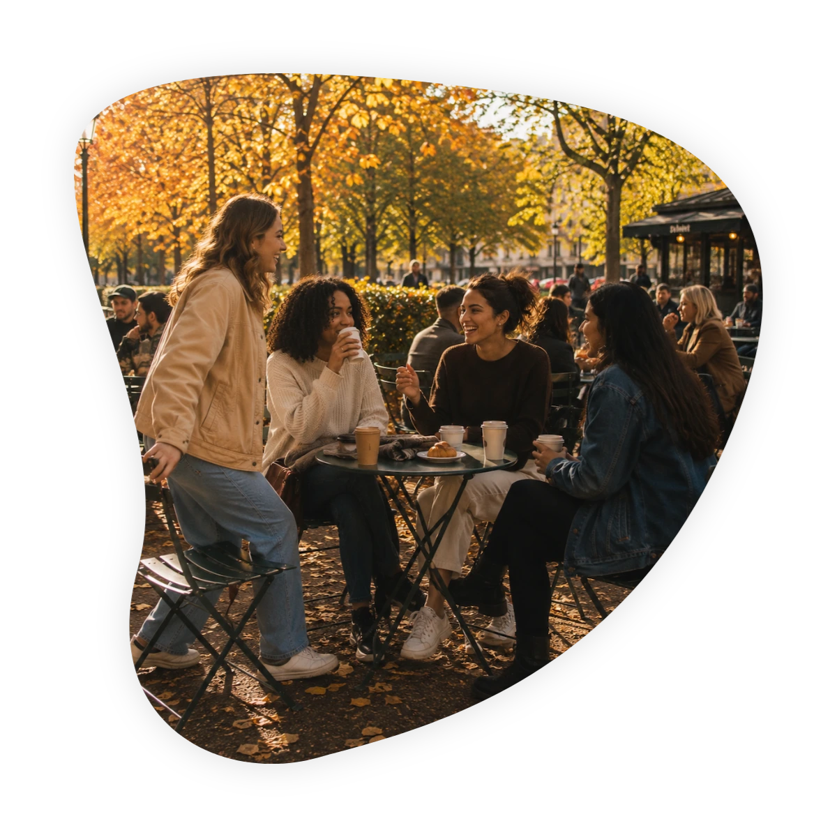 Four women sharing coffee at an outdoor café in autumn during UK Friendship Month
