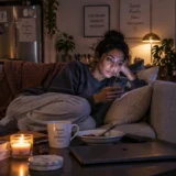 Feeling lonely even with friends: a woman alone on her sofa at night, scrolling her phone