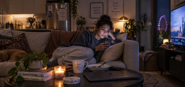 Feeling lonely even with friends: a woman alone on her sofa at night, scrolling her phone