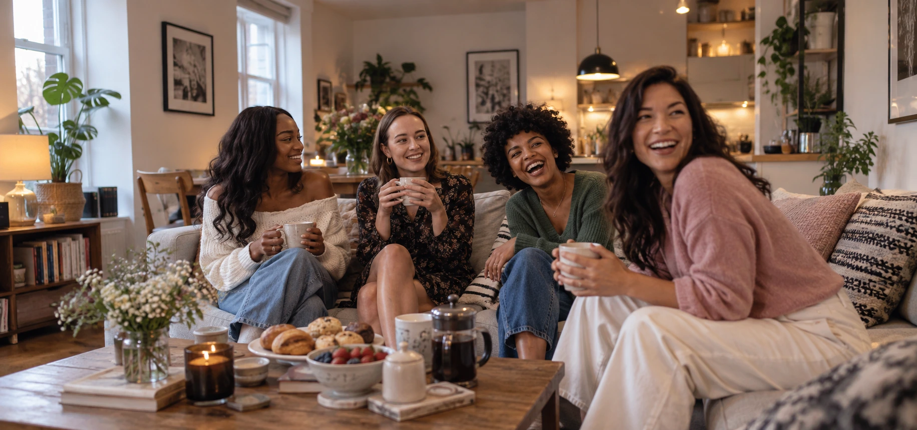 Four women friends laughing together over coffee, meeting up locally in the UK