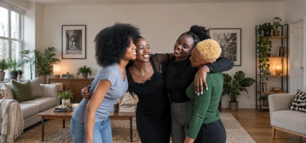 How long does it take to become best friends: four women sharing a joyful moment together at home