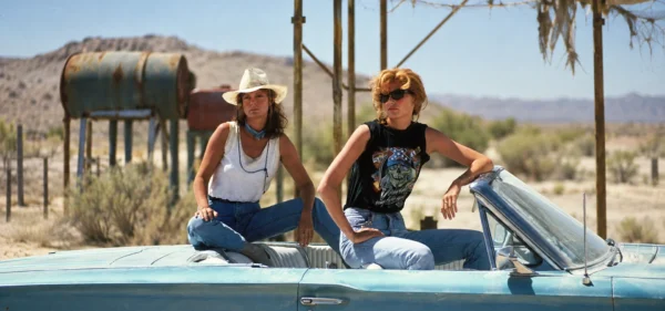 Movies about female friendship: two women on a desert road trip in a classic film scene