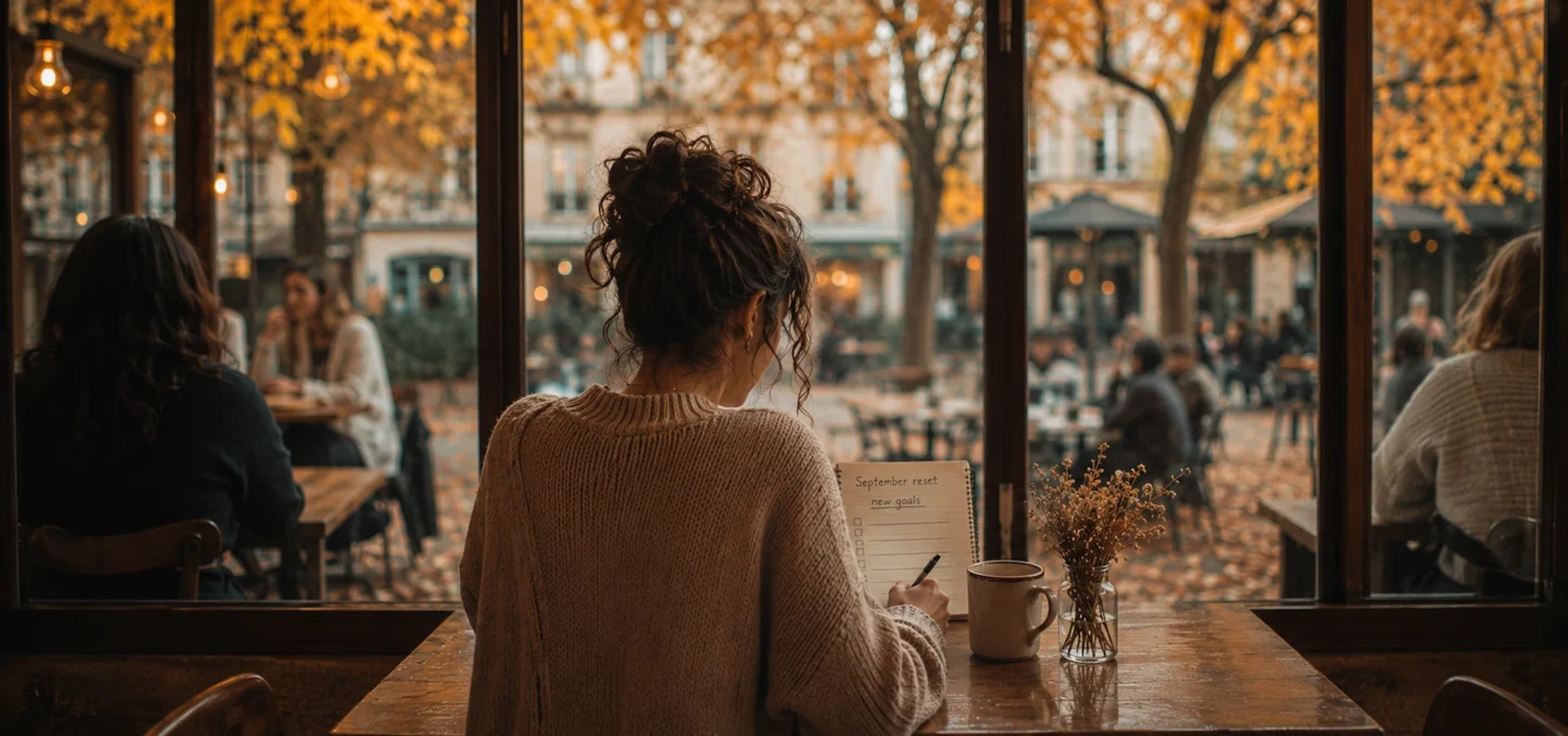 September reset: woman writing new goals in a café beside autumn trees.