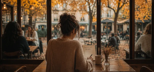 September reset: woman writing new goals in a café beside autumn trees.