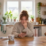 Fear of rejection making friends: a woman hesitating over her phone at her kitchen table
