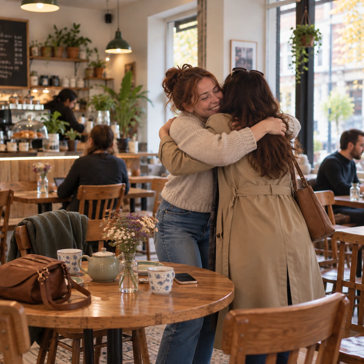 Fear of rejection making friends: two friends hugging as they meet again in a café