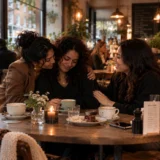 Friends after divorce: three friends comforting a woman at a café table