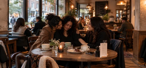 Friends after divorce: three friends comforting a woman at a café table