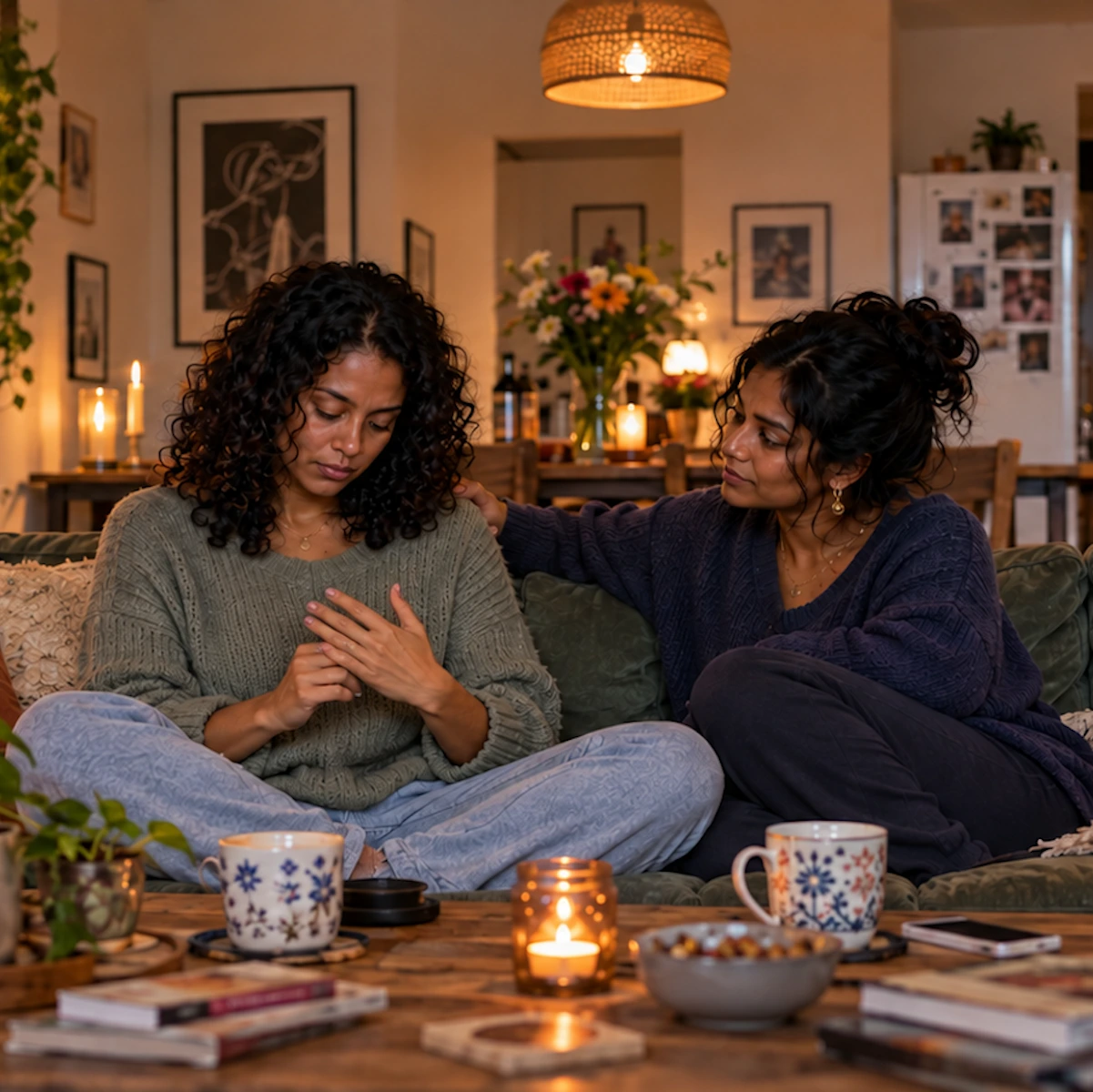 Friends after divorce: a friend comforting a woman on the sofa at home