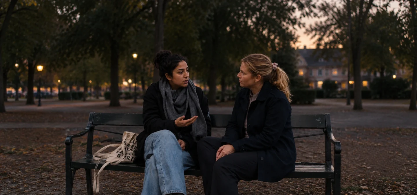 Friendship breakup: two women in a serious conversation on a park bench at dusk