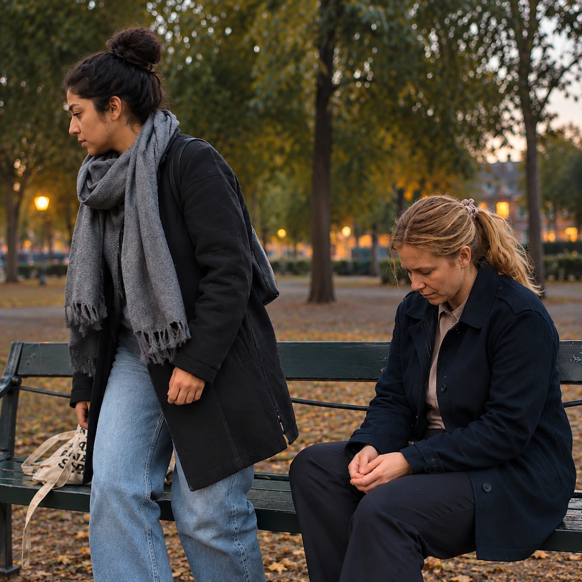 Friendship breakup: a woman getting up to leave a park bench while her friend stays seated, looking down