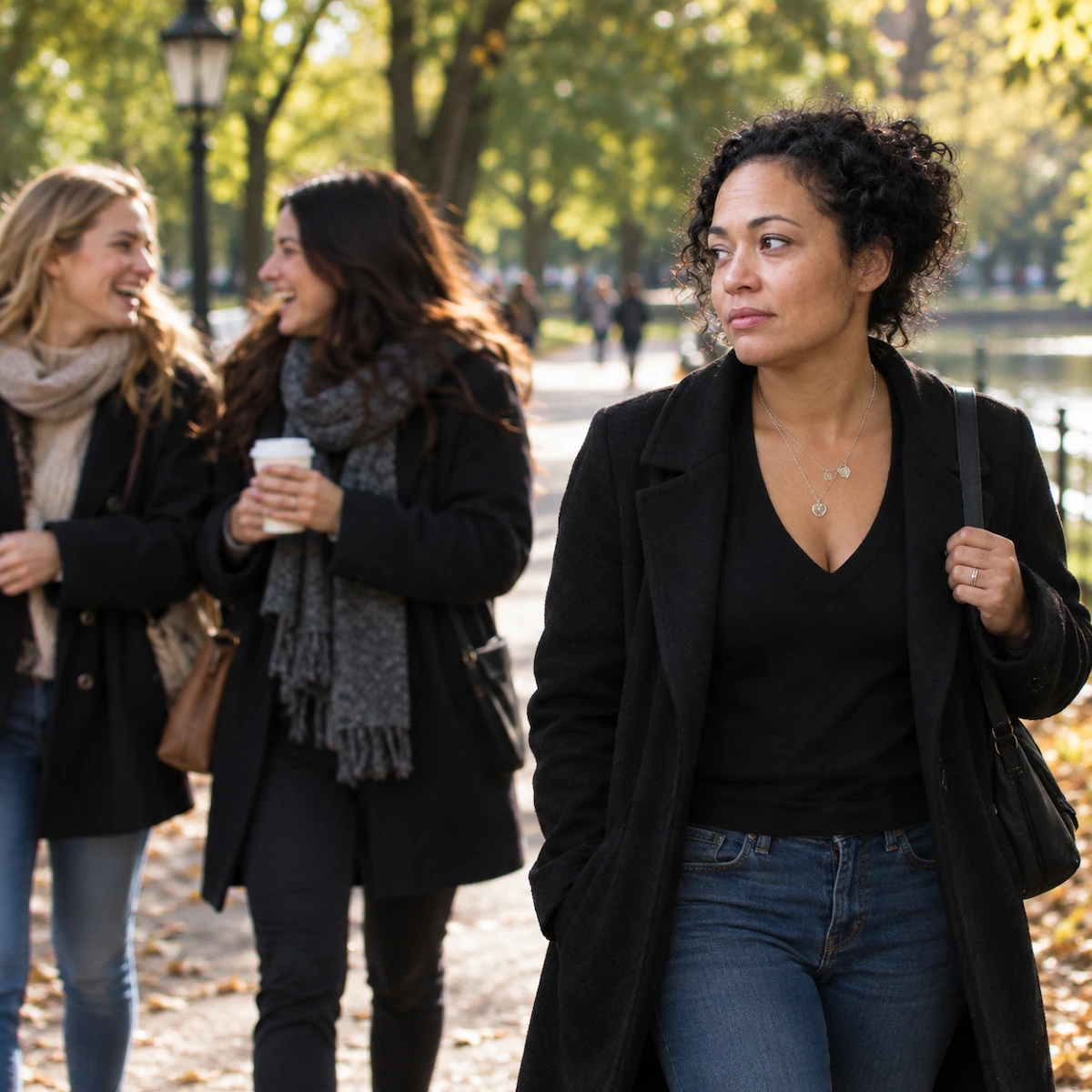 Is it normal to not have friends: a woman walking with two friends through an autumn park, her gaze turned away