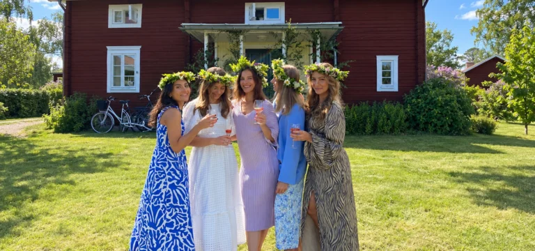 Five women in flower crowns raising their glasses together on a lawn in front of a red wooden house.